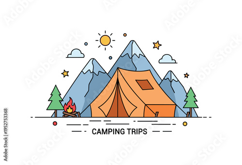 Camping trips illustrated through a classic tent set against simple mountain silhouettes with a small campfire icon in front, expressing adventure, fresh air,