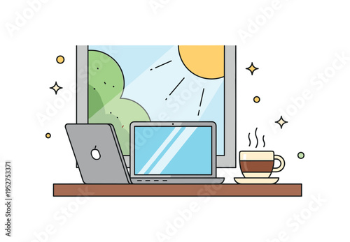 Morning cafe workspace with sunlight through a window illuminating a laptop and cup of coffee representing fresh starts and motivated productivity. Soft shadow