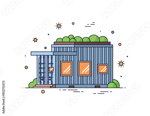 Recycled shipping container home transformed metal container with windows cut out and a small green roof garden on top, highlighting adaptive reuse and