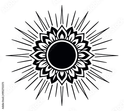 Line art illustration of a sun mandala depicting radiating rays for graphic design