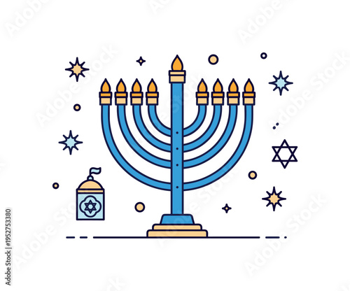 Blue and gold Hanukkah theme with stylized menorah framed by gentle decorative stars, capturing festive elegance and cultural symbolism. The illustration feels