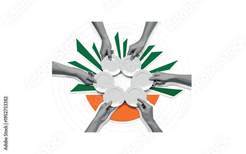 Black and white close-up of multiple hands reaching toward shared dishes, bright orange semicircle beneath the plates, dark green angular fragments radiating