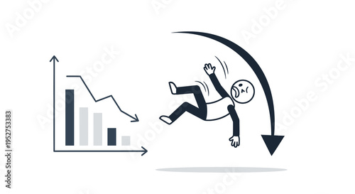 Financial loss concept with falling stick figure and declining graph