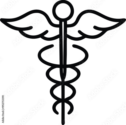 A minimalist black and white line art illustration of the traditional caduceus medical symbol
