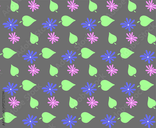 Seamless floral pattern of blue and pink flowers on a gray background