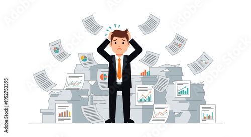 Stressed Businessman with Paperwork Piles and Financial Reports