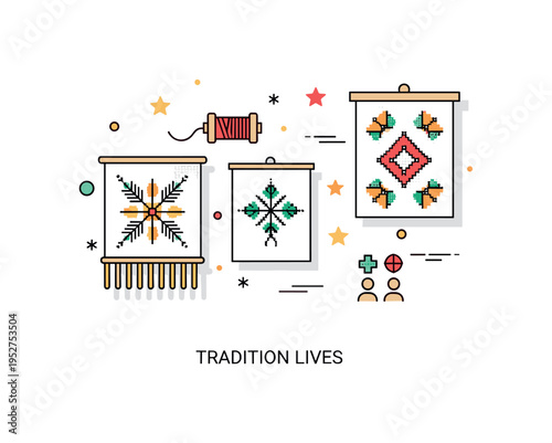 Cultural heritage tapestry concept showing embroidered motifs inspired by family traditions and symbols. Subtle thread spool detail and a short ?Tradition