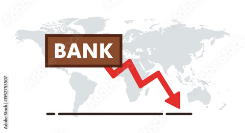 Global Banking Crisis with Red Falling Arrow and World Map