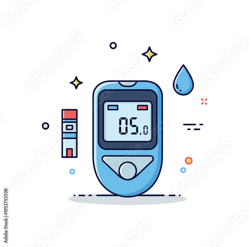 Blood sugar test at home centered on a handheld glucose meter displaying a clear digital reading with a small test strip and droplet icon nearby, symbolizing
