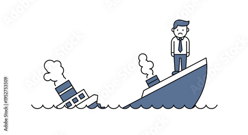 Businessman standing on sinking broken ship