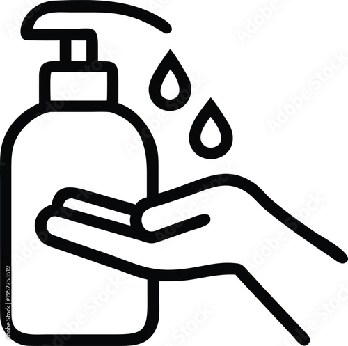 A black and white line art icon showing a hand being cleaned with liquid soap from a dispenser