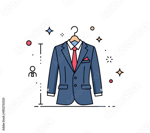 Sharp dressed concept single suit on hanger with subtle shine accents and tidy proportions, representing refined wardrobe choices and professional identity.