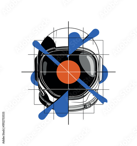 Black and white fragmented spacesuit helmet split into geometric sections, bold burnt orange circle centered behind the visor, thin black grid lines organizing