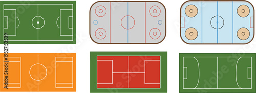 Sports field courts vector illustration set, soccer hockey basketball tennis playground layouts top view athletic arena design collection icons