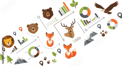 Wildlife Infographic Composition with Animals Charts Maps Arrows and Data Elements for Ecology Statistics and Nature Analysis Vector Illustration Design.