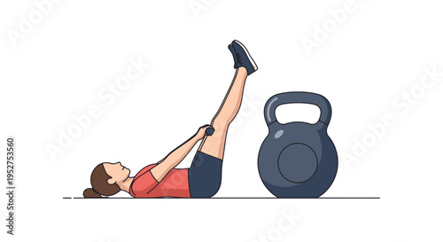Woman doing leg raises exercise next to kettlebell illustration