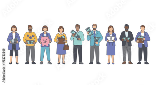 Diverse people holding money, piggy bank, and wallets illustration