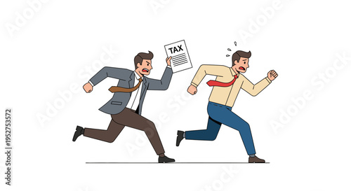 Tax collector chasing businessman holding tax bill document