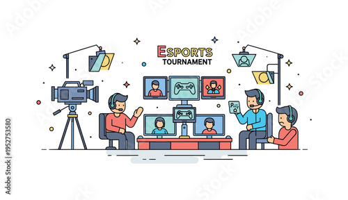 Esports tournament streaming setup with cameras, monitors, and commentators, illustrating the professional production and audience interaction in modern gaming