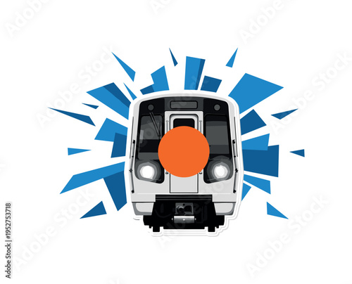 Black and white subway train front view, bold orange circle centered like a tunnel light, abstract blue geometric shards radiating outward to convey motion,