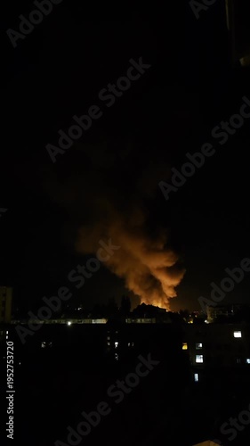 Drone strike with fire smoke explosion and diving drone sound in night city