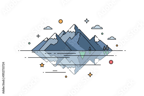 Mountain reflection concept featuring layered peaks mirrored in a calm lake surface. Clean geometric symmetry and gentle decorative dots highlight balance and
