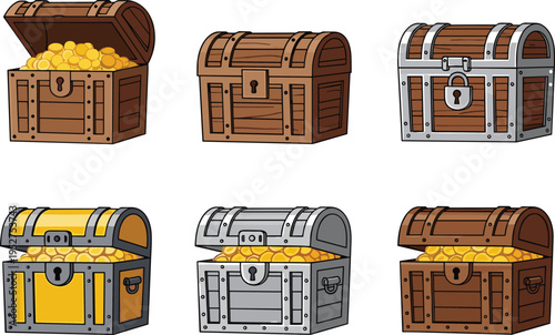 Treasure chest cartoon collection, pirate gold boxes, wooden fantasy storage icons, adventure game assets, vintage lock containers illustration set
