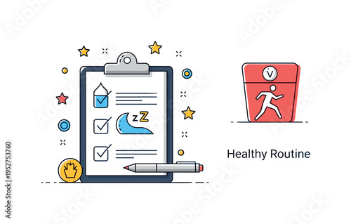 Daily wellness tracking concept featuring a clipboard with check marks next to water, sleep and movement icons, representing holistic health rather than