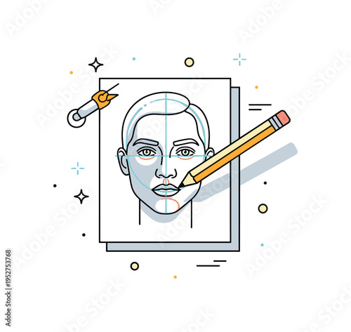 Portrait sketching process centered on a lightly shaded face drawing with visible guideline lines and a pencil resting across the page, symbolizing technique