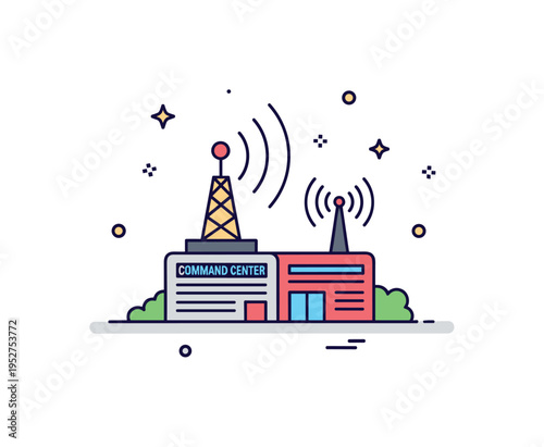 Command center facility highlighting a simplified operations building with antenna elements and subtle signal waves, expressing communication and strategic
