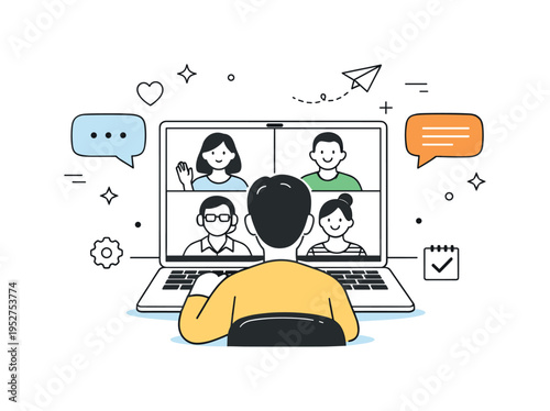 Virtual meetings environment. Calm scene of a person joining an online meeting from a laptop, video tiles and speech bubbles creating a friendly digital