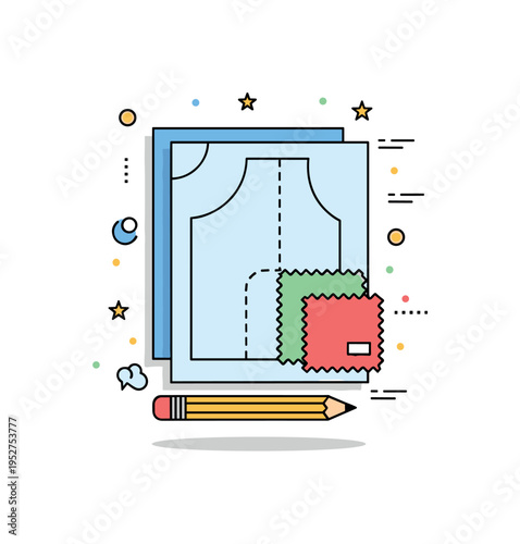 Pattern making and design paper pattern pieces layered beneath a pencil and fabric swatch forming a tidy creative badge. A thoughtful micro scene about