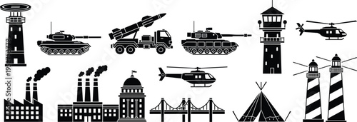 Military and industrial silhouettes set, defense equipment vehicles, factories infrastructure icons, transportation landmarks collection