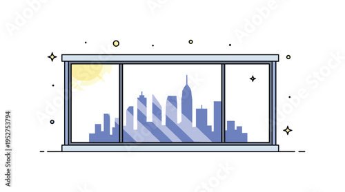 Panoramic city view window scene showing a wide glass panel framing a simplified skyline silhouette with subtle sun rays entering the room, symbolizing
