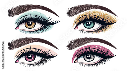 Four different colored eyes with makeup and various eyeliner styles and colors