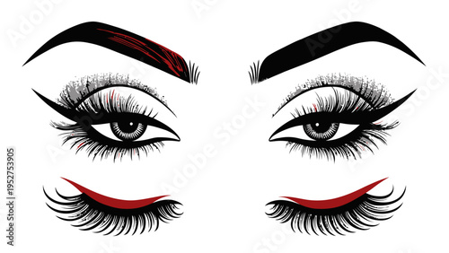 Vector makeup illustrations of eye and lip silhouettes with lashes and eyebrows