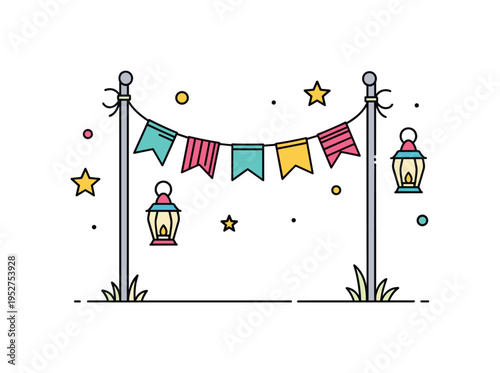Outdoor garden party decorations featuring fabric bunting gently draped between two minimal poles with small lantern icons nearby, expressing cozy evening
