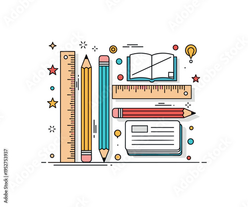 School ruler and pencil set arranged neatly with small measurement ticks clearly visible along the edge. A simple visual metaphor for learning, geometry, and