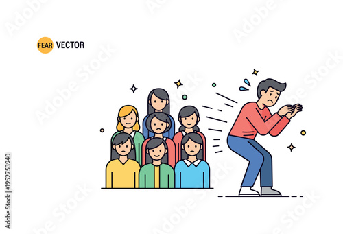 Fear in a social context shown by someone shrinking away from a group with nervous posture, illustrating anxiety, tension, and self-consciousness. Minimalist