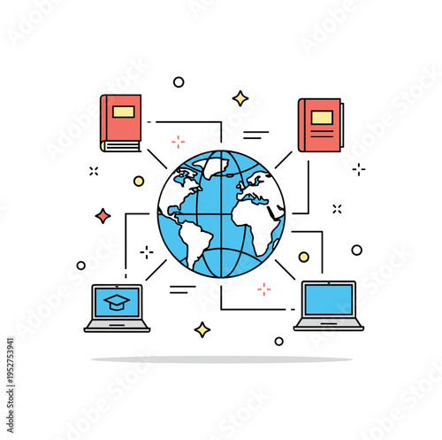 Global education network idea illustrated by a globe connected to small book and laptop icons with thin linking lines, symbolizing accessible knowledge across