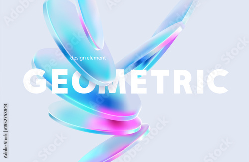 Transparent and glass geometric shape. Abstract composition of 3D circles and disks in liquid glass style. Vector design elements.