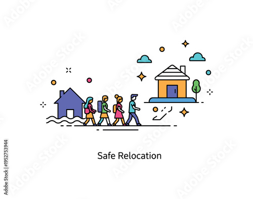 Managing climate change induced migration and displacement illustrated through a small group of people walking from a flooded house silhouette toward a safe