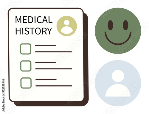 Healthcare, patient records, medical forms, diagnostics, health assessment, personal data. A medical history form with a checklist and icons. Healthcare and patient records concept