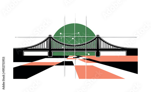 Black and white bridge silhouette spanning across abstract geometric river blocks, large flat circular sun-like shape behind representing connectivity, thin