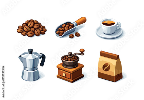 Coffee. Isometric flat vector icons set of coffee: coffee beans pile, roasted coffee scoop, espresso cup, moka pot, coffee grinder, coffee bag. Arrange all