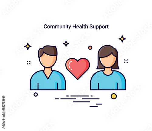 Community health support theme featuring two simplified human figures with a central heart icon between them, symbolizing care, outreach, and patient centered