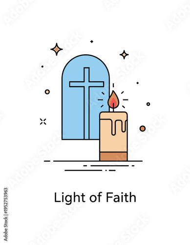 Candle in prayer spiritual sanctuary scene with a glowing candle placed beside a minimal window arch silhouette, conveying sacred space and peaceful devotion.