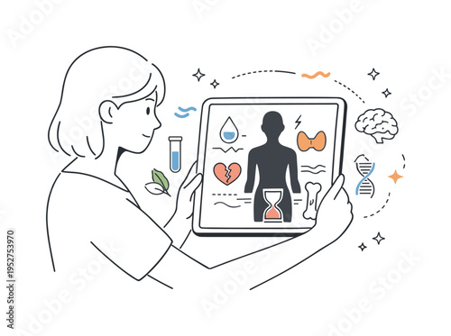 Hormone disruptors and health concerns. Person looking at a simple body silhouette or chart on a tablet, neutral and attentive expression. Abstract signals