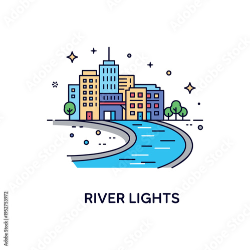 Illuminated city riverside skyline badge featuring simplified buildings beside a curved river line with reflected light accents, symbolizing urban charm and