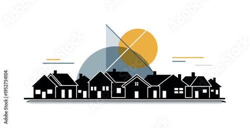 Black and white suburban row of houses simplified into clean silhouettes, bold flat circular sun and intersecting arcs above, minimal linear accents